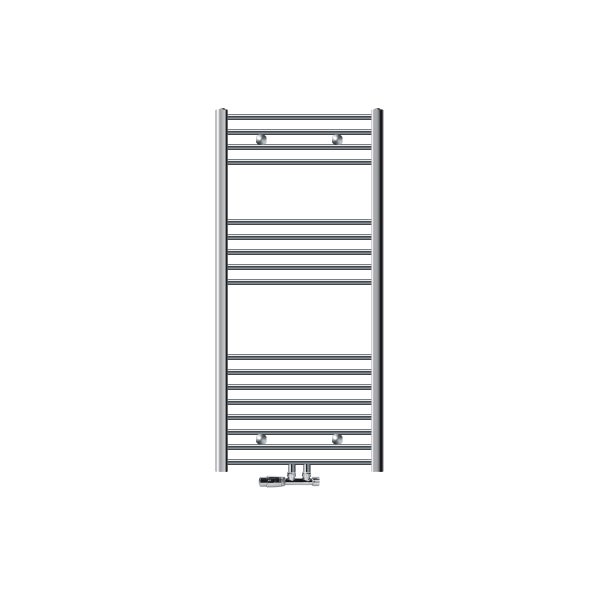 ECD Germany Badheizkörper Mittelanschluss 600 x 1200 mm Chrom gebogen mit Thermostat und Anschlussgarnitur Eck Wand Chrom - Heizkörper Heizung Handtuchwärmer Handtuchtrockner Handtuchheizkörper