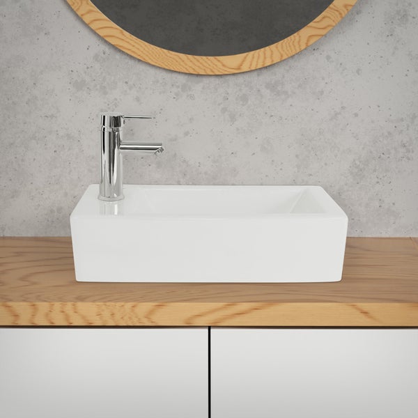 ML-Design Waschbecken aus Keramik in Weiß 51x25x13 cm, Eckig, klein, Hahnloch links, Wandmontage oder Aufsatzwaschbecken, Moderne Waschtisch Waschschale Waschplatz Handwaschbecken, für Badezimmer