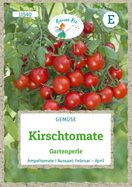 Samentüte für Kirschtomate Gartenperle mit Abbildung von reifen Früchten, Grüne Fee Logo, Ampeltomate für Aussaat von Februar bis April.