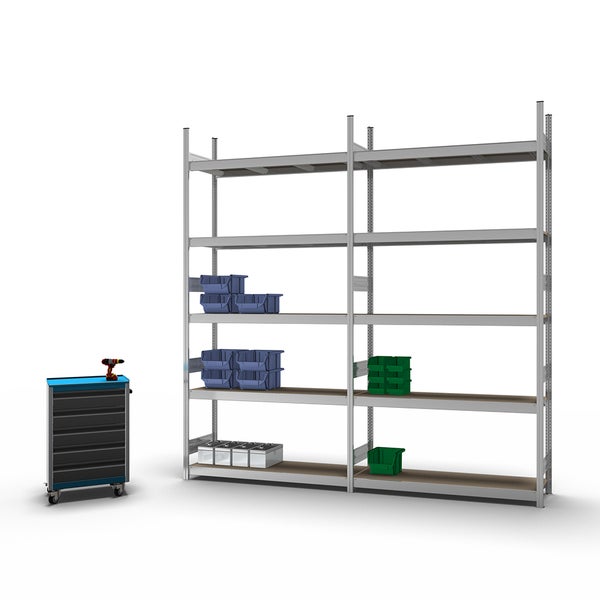 PROREGAL Weitspannregal Stecksystem T-Profil Grundregal HxBxT 300x150x40 cm 5 Ebenen Spanplatten Fachboden Fachlast 350 kg Verzinkt