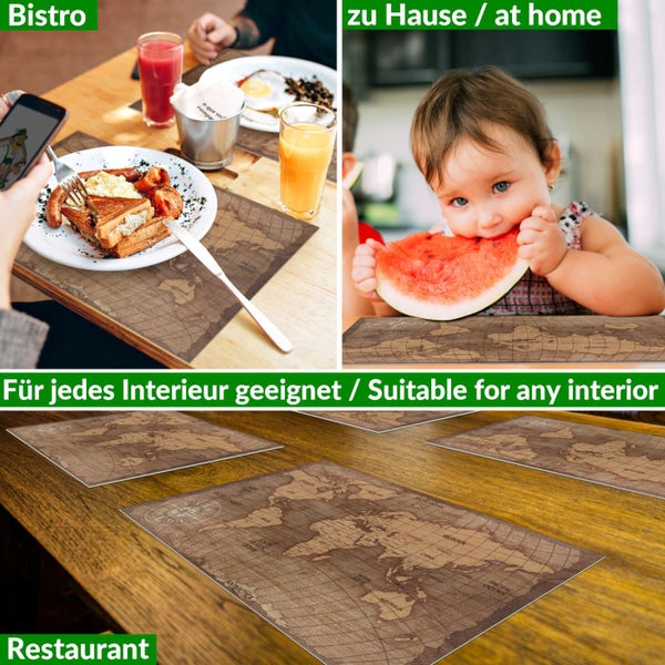 Platzset mit Vintage Weltkarten Design für Bistro, Zuhause und Restaurant, geeignet für jede Inneneinrichtung.