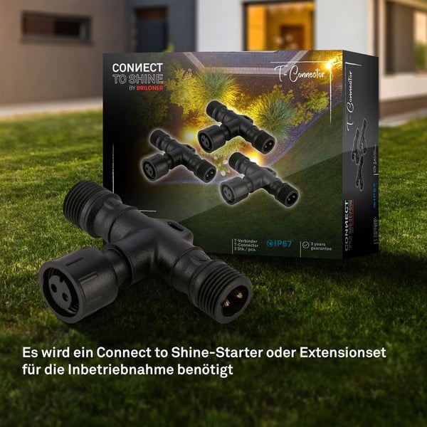 Connect to Shine T-Verbinder aus schwarzem Kunststoff von Briloner für Gartenbeleuchtung, 3er-Pack, IP67 staub- und wasserdicht.