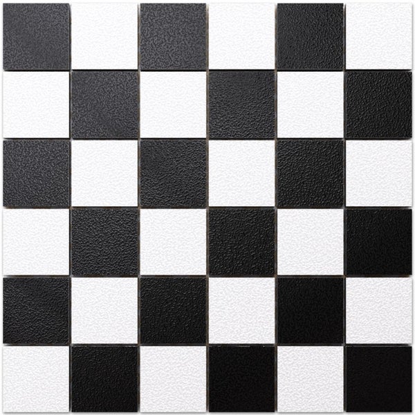 Quadratisches Mosaiknetz mit schwarz-weißem Schachbrettmuster und strukturierter Oberfläche für Wand und Boden.
