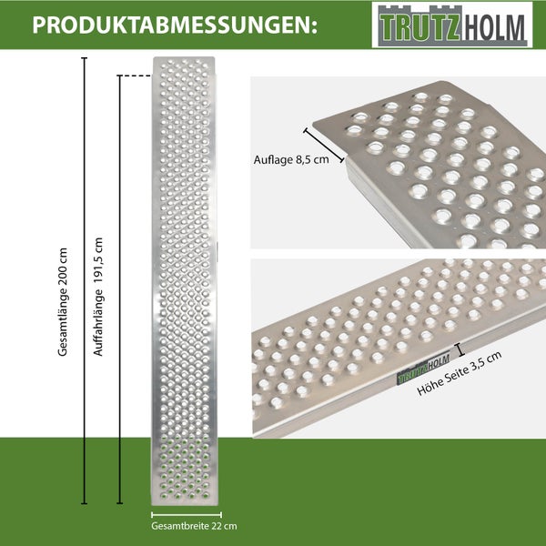 Trutzholm Logo. Sichere Trittfläche mit gelochtem und gewölbtem Profil. Lochabstand circa 30 mm. Hohe Belastbarkeit und Widerstandsfähigkeit für eine starke Profilierung gegen ungewolltes Abrutschen.