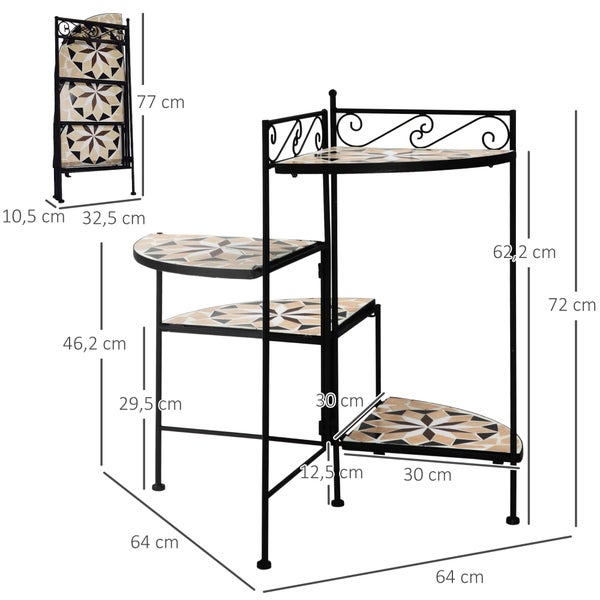 Outsunny Blumenständer 4-Stufe-Blumentreppe faltbar dekorative für Innen und Außen Garten Balkon Metall Keramikfliesen Schwarz+Beige 64 x 64 x 72 cm