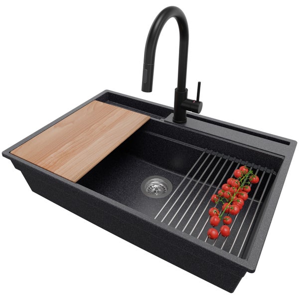 PRIMAGRAN Granitspüle Anthrazit 78x53cm, Spülbecken 1 Becken + Küchenarmatur 40x20cm + Ablauf-Set + Küchenzubehörset, Küchenspüle ab 80er Unterschrank - Oslo Pocket