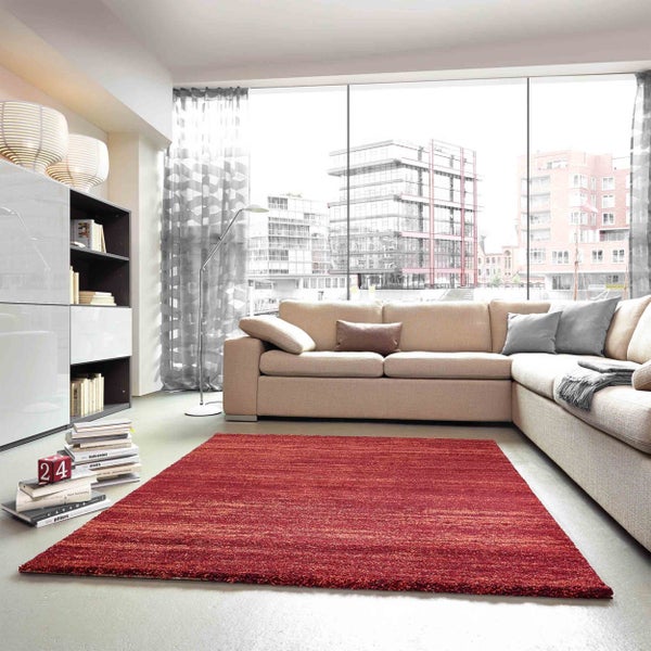 Moderner, heller Wohnraum mit großem rotem Hochflor-Teppich, beigefarbener Eckcouch und bodentiefen Fenstern mit Stadtblick.