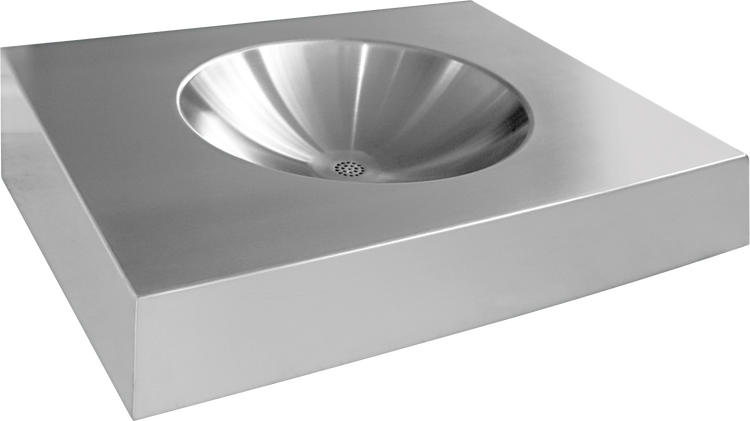 Quadratisches Waschbecken aus Edelstahl mit runder Innenmulde und Abfluss.
