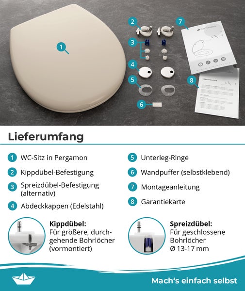 Lieferumfang eines WC-Sitzes in Pergamon mit Befestigungsmaterial, Montageanleitung und Garantiekarte.