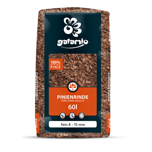 Pinienrinde Galamio, Galamio Logo, 60 Liter Sack, fein 8 bis 15 Millimeter, 100 Prozent Mittelmeer-Pinie.