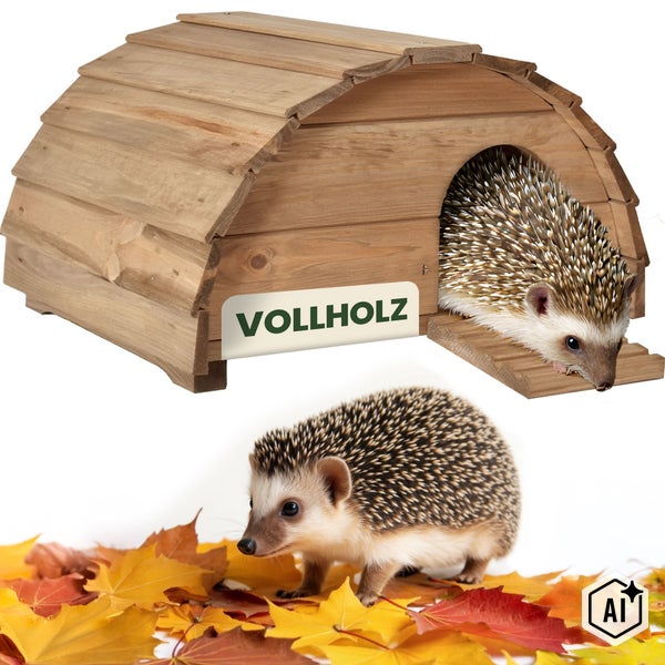 Igelhaus aus Vollholz mit gewölbtem Dach und Igel auf herbstlichem Laub