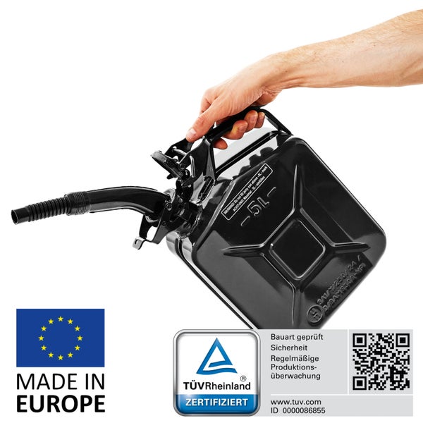 BW® Kraftstoffkanister Metall Benzinkanister 5x 5 Liter mit Ausgießer - Schwarz - RAL 9005 - TÜV-geprüft und UN-Zulassung - Made in Europe