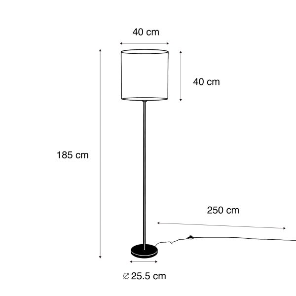Skizze einer Stehlampe mit den Maßen Höhe 185 cm, Lampenschirm 40 cm, Durchmesser des Lampenfußes 25,5 cm und Kabellänge 250 cm