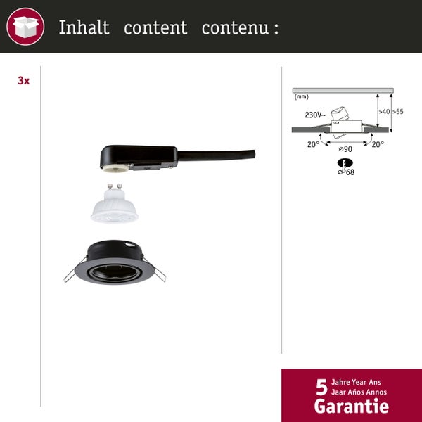 Packungsinhalt von drei Einbaustrahlern inklusive LED Leuchtmittel, Gehäuse und Anschlussklemme. Skizze der Einbaumaße und Hinweis auf fünf Jahre Garantie.