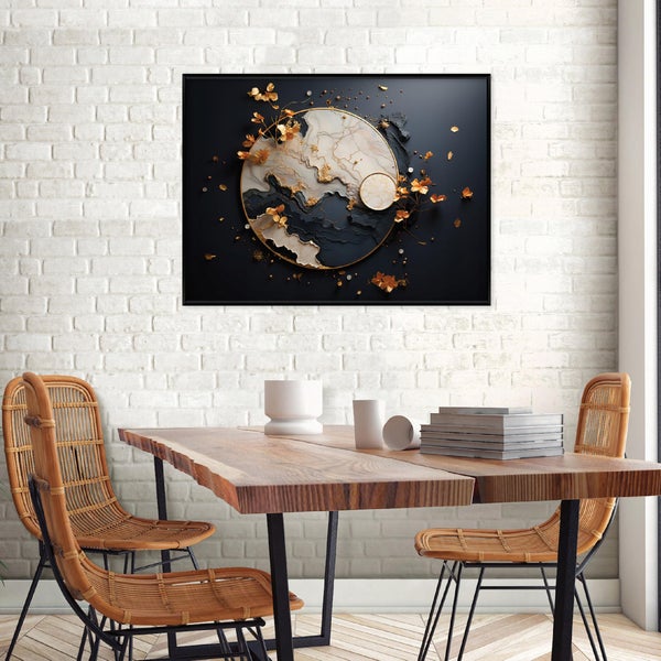Wandbild mit abstraktem kreisförmigem Motiv in einem Esszimmer mit Holztisch und Rattanstühlen vor einer weißen Ziegelwand.