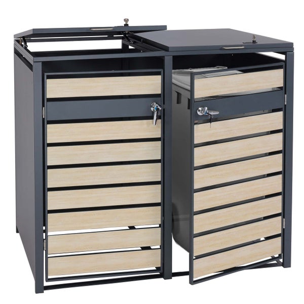 Doppel-Mülltonnenbox aus Metall und Holz mit abschließbaren Türen und Deckeln