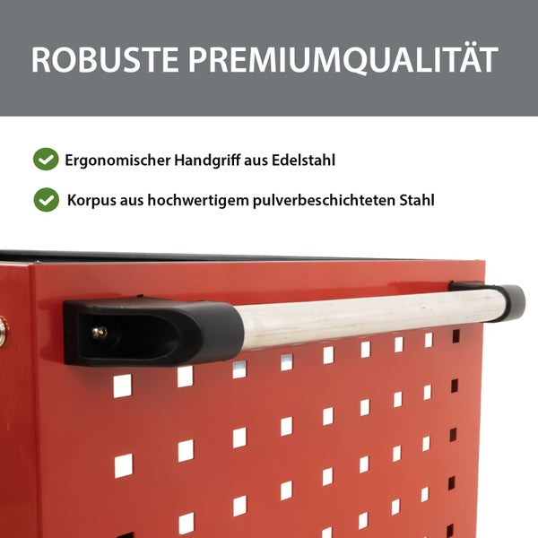 Werkstattwagen mit ergonomischem Edelstahlgriff und einem Korpus aus pulverbeschichtetem Stahl.