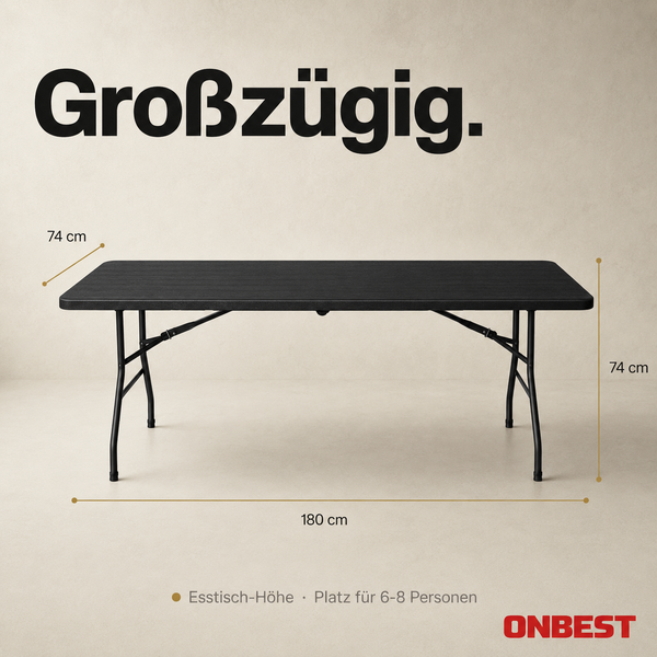 ONBEST Klapptisch für 6 bis 8 Personen in Esstischhöhe, Maße: 180 Zentimeter mal 74 Zentimeter mal 74 Zentimeter.