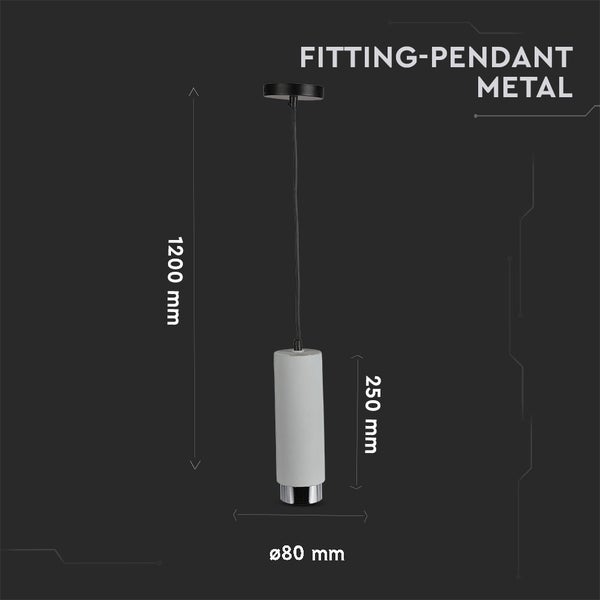 Pendelleuchte aus Metall mit zylindrischem Schirm, Gesamthöhe 1200 Millimeter, Schirmhöhe 250 Millimeter, Durchmesser 80 Millimeter.