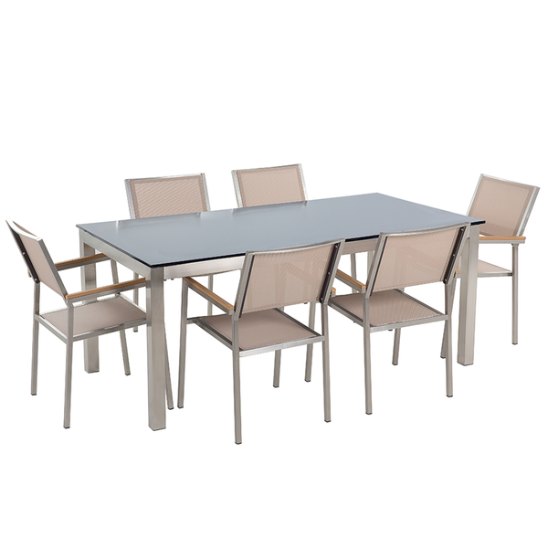 Gartenmöbel Set 6-Sitzer GROSSETO Sicherheitsglas Schwarz / Beige