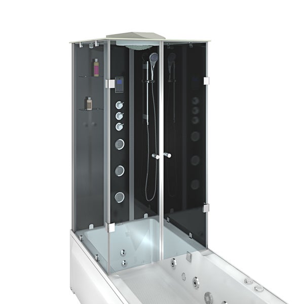 Duschkabine mit Whirlpool-Badewanne, schwarzen Rückwänden, Regendusche, Handbrause, Massagedüsen und Glasregalen.