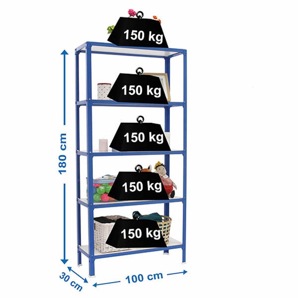 Schwerlastregal aus Metall in Blau mit fünf Böden. Maße: 180 Zentimeter hoch, 100 Zentimeter breit, 30 Zentimeter tief. Tragkraft 150 Kilogramm pro Boden.
