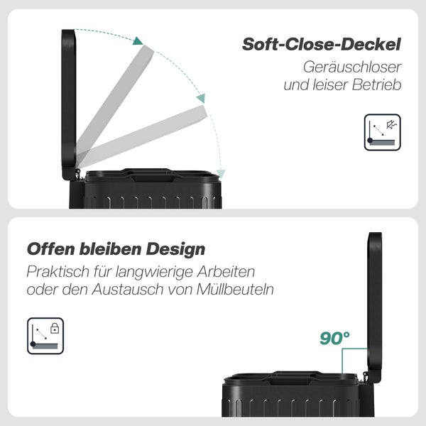 Mülleimer mit Soft-Close-Deckel für geräuschloses Schließen und Offen-bleiben-Funktion bei 90 Grad.