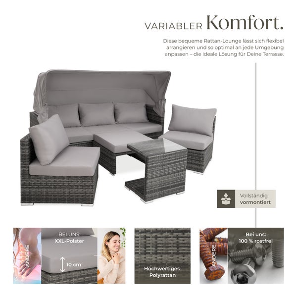 Rattan Lounge tectake San Marino mit Sicherheitsglasplatte, variabel aufstellbar mit Aluminiumgestell grau