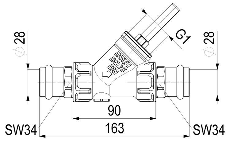 Technische Zeichnung eines Schrägsitzventils mit Abmessungen: Länge 163 Millimeter, Anschlussdurchmesser 28 Millimeter, Nennweite 25.