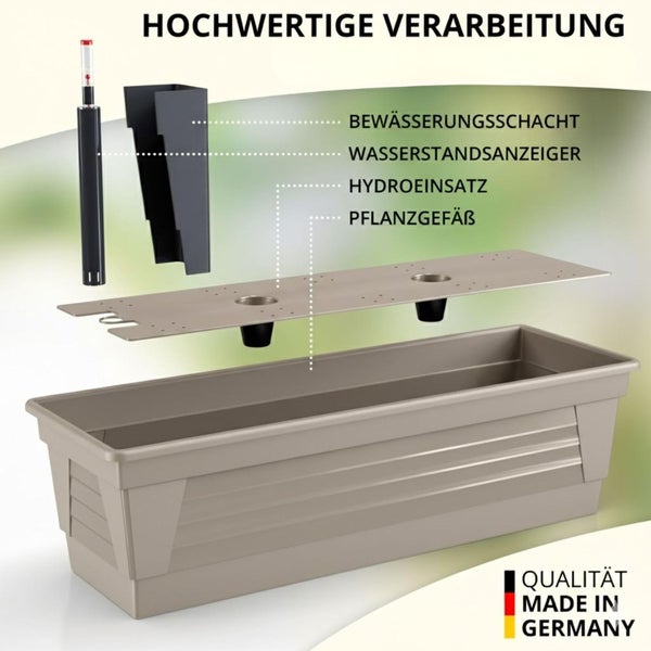 Explosionsdarstellung eines Pflanzgefäßes mit Bewässerungssystem, Wasserstandsanzeiger, Bewässerungsschacht und Hydroeinsatz, Made in Germany.
