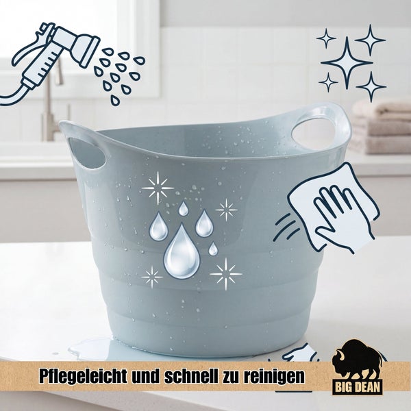 Kunststoff Wäschekorb oder Mehrzweckeimer, pflegeleicht und leicht zu reinigen, mit integrierten Tragegriffen.