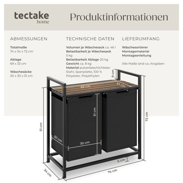 tectake Wäschesortierer mit zwei Wäschesäcken und Ablage, Maße eingezeichnet