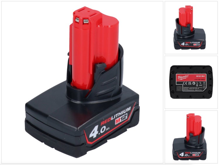 Milwaukee M12 Redlithium Lithium-Ionen-Akkumulator 4,0 Amperestunden in Schwarz und Rot.