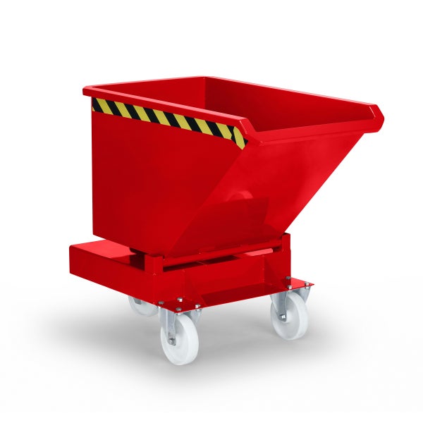 Roter Kippbehälter mit Rädern und Warnmarkierung