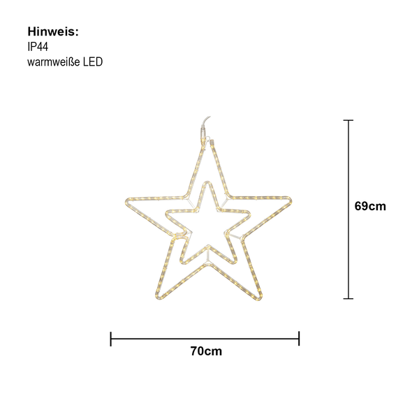 Dekorativer LED-Stern mit Schutzart IP44 und warmweißen LEDs, circa 70 cm breit und 69 cm hoch.