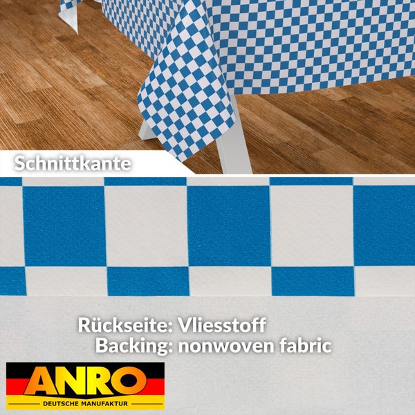 Blau-weiß karierte Wachstuchtischdecke mit Vliesrückseite und Schnittkante. ANRO Deutsche Manufaktur Logo.