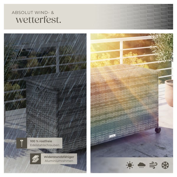 Polyrattan-Gartenbox mit Aluminiumrahmen und Edelstahlschrauben, wetterfest bei Regen, Sonne, Wind und Frost.