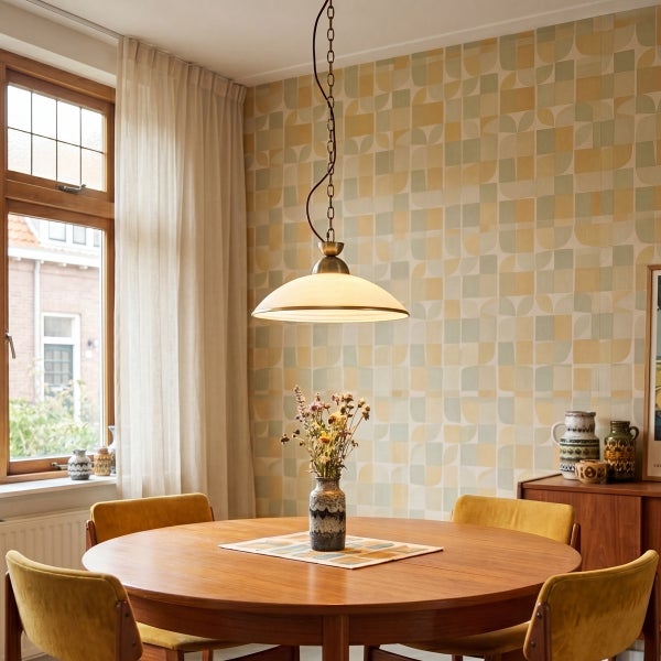 Esszimmer mit rundem Holztisch und Pendelleuchte über einer Vase mit Trockenblumen vor einer gemusterten Tapete.