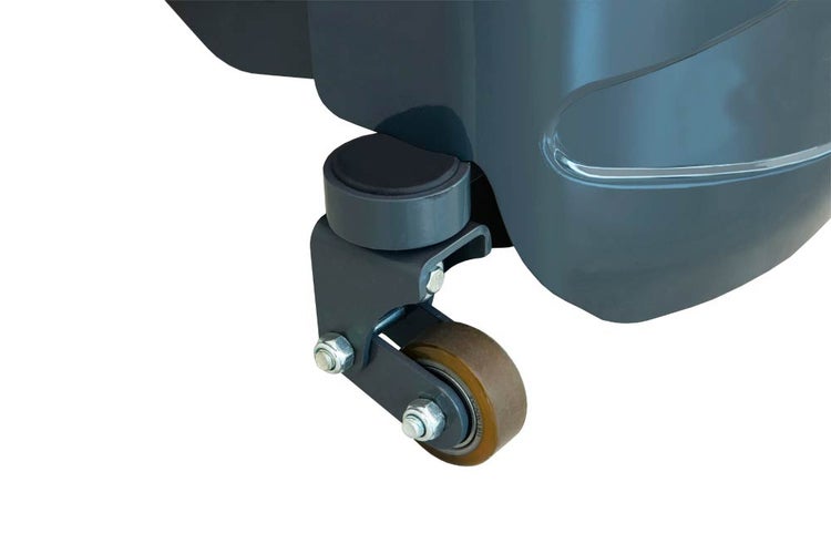 Detailaufnahme einer Lenkrolle an einem stabilen Gehäuse für den einfachen Transport.
