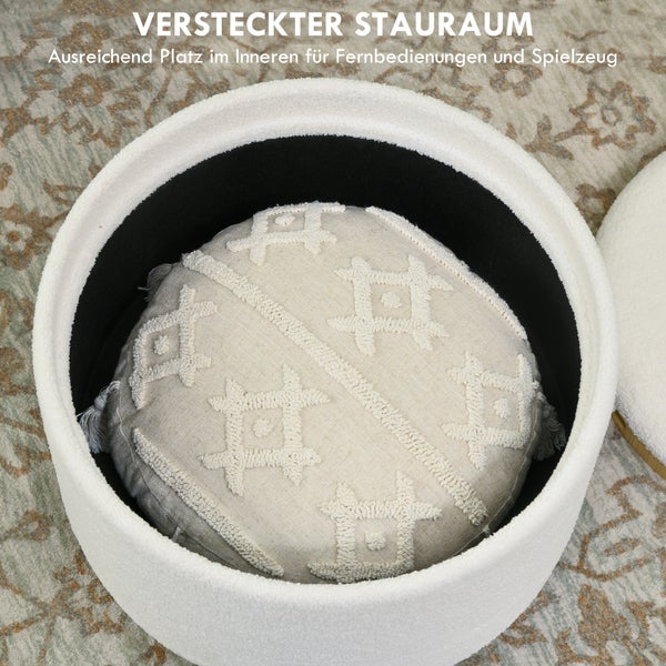 HOMCOM Sitzhocker mit Stauraum Hocker mit Klappdeckel, Runder Fußhocker Sitzwürfel Polsterhocker mit Holzbeine, Samtoptik 56 x 42 x 42 cm Weiß