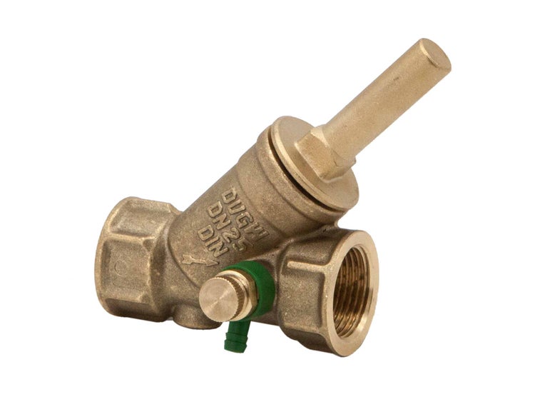 Schrägsitzventil aus Messing mit Entleerungsventil, Nenndurchmesser 25, DVGW zertifiziert.