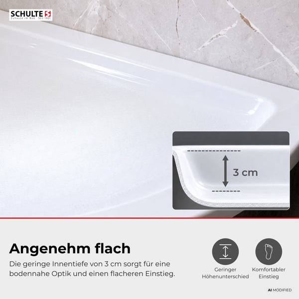 Schulte Duschwanne mit 3 cm Innentiefe für einen flachen Einstieg, inklusive Detailansicht der Wannenhöhe und Markensymbolik von Schulte.