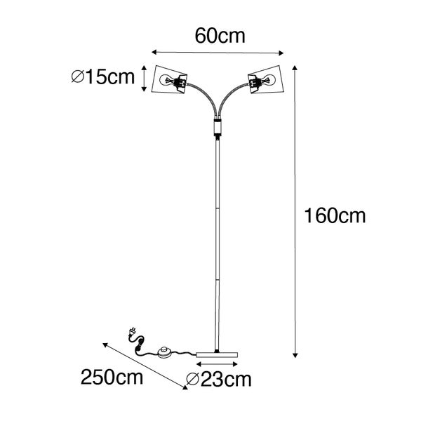 Technische Zeichnung einer Stehlampe mit zwei Leuchtenarmen und den Maßangaben Höhe 160 cm, Breite 60 cm, Schirmdurchmesser 15 cm, Fußdurchmesser 23 cm, Kabellänge 250 cm
