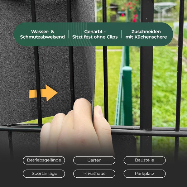 Sichtschutzstreifen für Zaun zur Verwendung auf dem Betriebsgelände, im Garten, auf der Baustelle, auf Sportanlagen, an Privathäusern oder auf Parkplätzen. Wasser- und schmutzabweisend, genarbt, sitzt fest ohne Clips, zuschneiden mit Küchenschere.