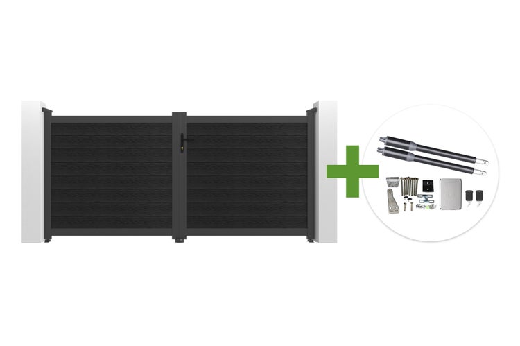 Zweiflügeliges Einfahrtstor aus WPC in Anthrazit inklusive elektrischem Torantrieb Set mit zwei Handsendern und Montagezubehör.