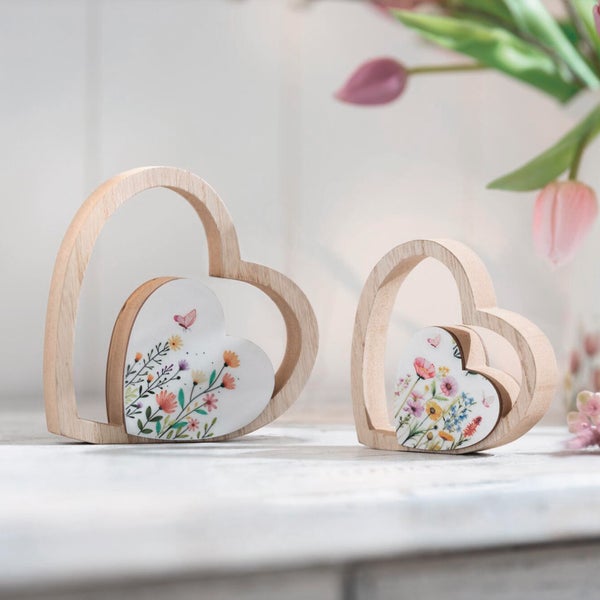 FRANK FLECHTWAREN|Herz Blumenwiese, 2er Set, 11 x 2 x 10,5 cm, 15 x 2 x 14,5 cm, MDF, HOLZ