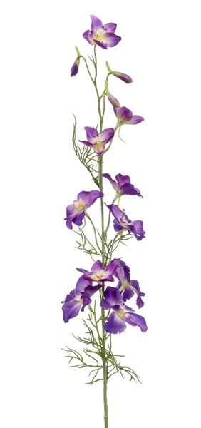 Detailaufnahme eines künstlichen Blumenstiels mit grünem, verzweigtem Blattwerk und einem violetten Blütenblatt.