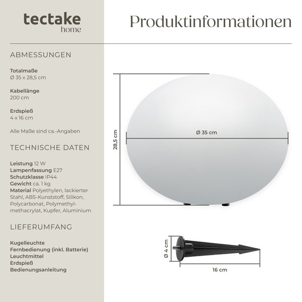 tectake home Logo: Produktdatenblatt der Kugelleuchte mit Durchmesser 35 Zentimeter, Details zu Abmessungen, Materialien und Lieferumfang.