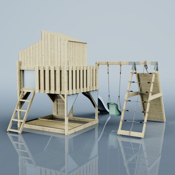 Spielturm mit Rutsche, Schaukel und Kletterwand aus Holz