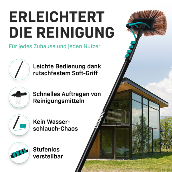 VONROC Teleskop Waschbürste mit Teleskopstiel 6,5m - Ausziehbar Teleskopstangen Reinigung für Fenster, Terrassendach, Solaranlage - inkl. Bürste, Schlauch, Seifenspender